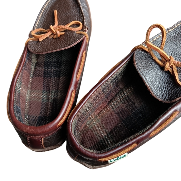 🤎L.L. BEAN MEN'S SIZE 9 LEATHER SLIPPERS WITH PLAID LINING. - Picture 3 of 6